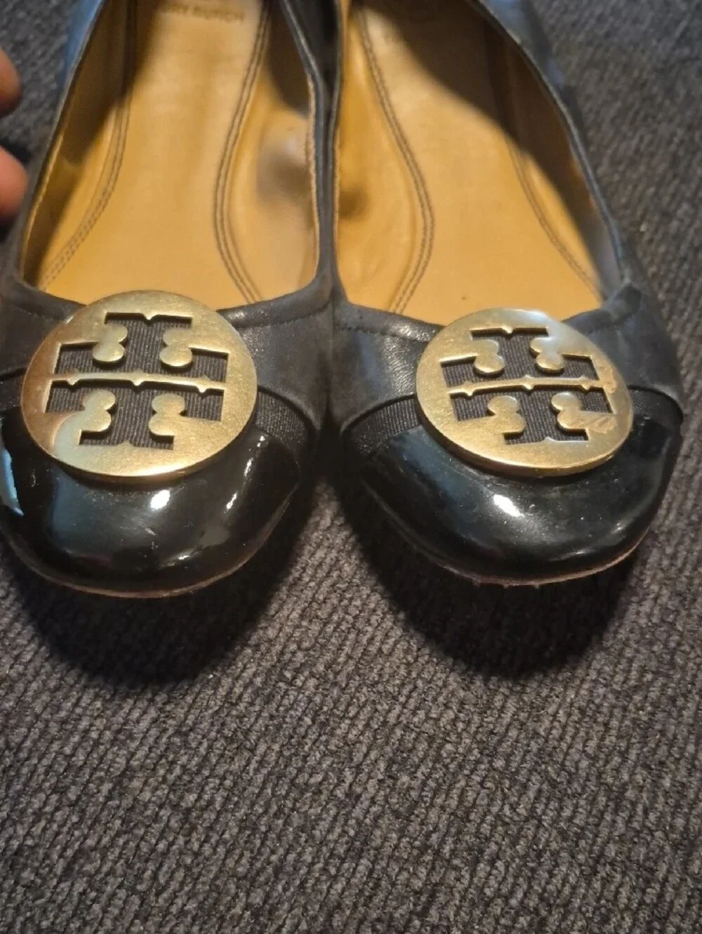 Tory Burch Black Leather & Patent Logo Cap-Toe Flats